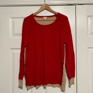 J crew sweater largebutton side detail red front , tan back , elbow patches